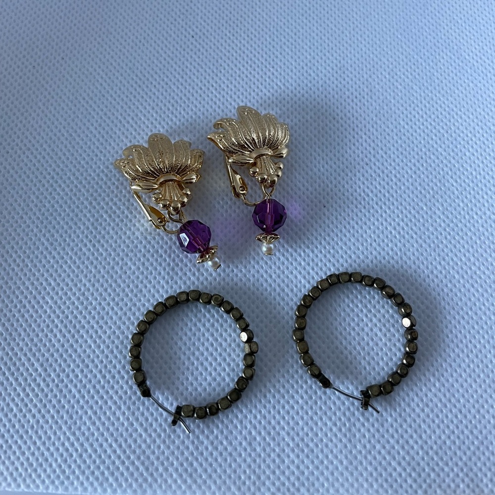 Gold tone clip on w/purple bead, open hoop w/bead earrings - 2 pairs